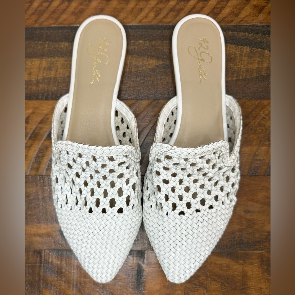 42 GOLD White Woven Mules with Intricate Design